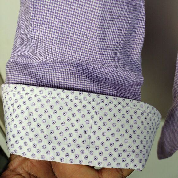 Ted Baker Endurance Button Shirt Men Sz 16.5 Purple White Houndstooth Flip Cuff - Picture 3 of 7